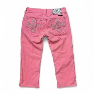 Y2K Miss Me Pink Denim Capri Pants Jeans Crystal Embellished Cross Rhinestone 27